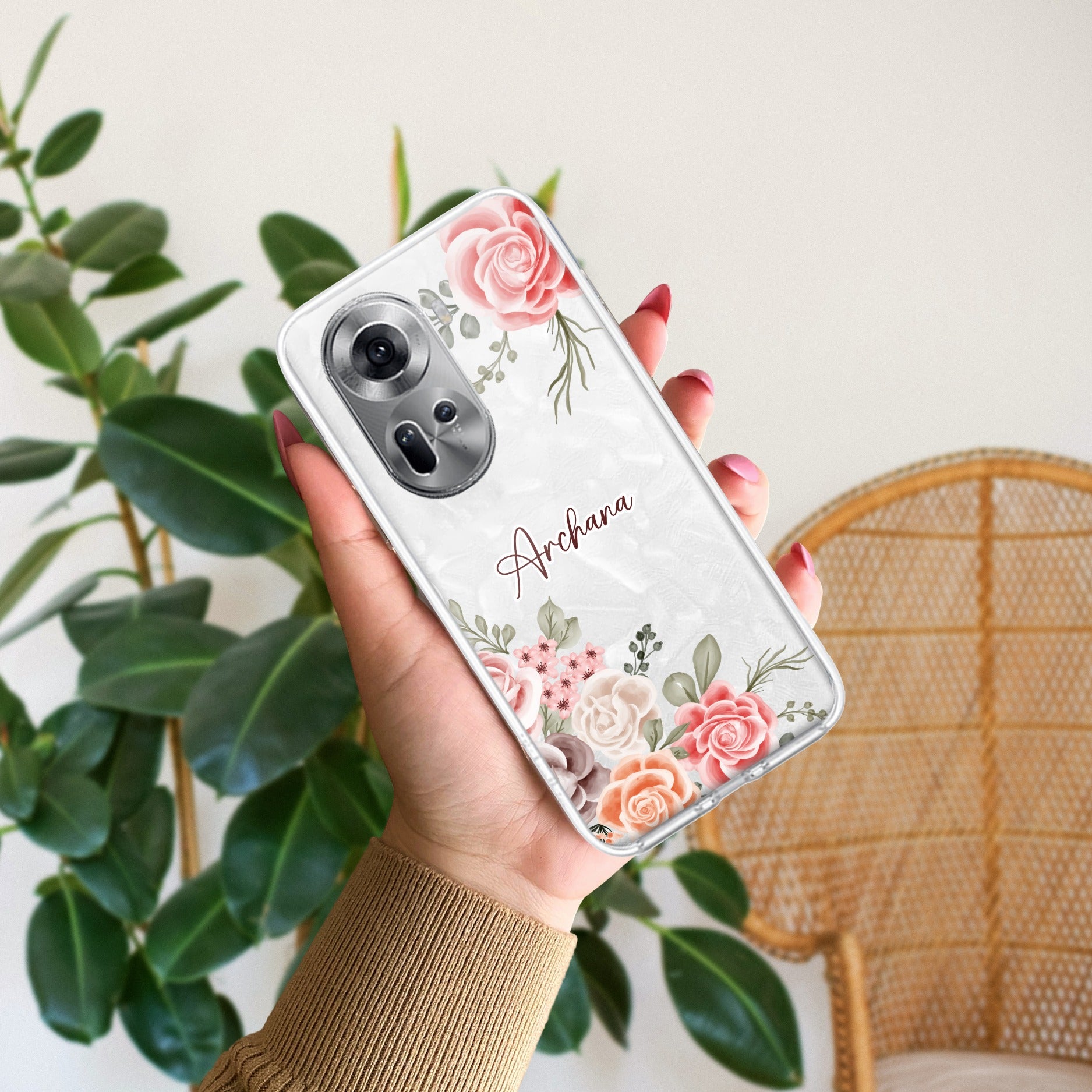 Pink Floral Customize Anti Yellow Case For Oppo Reno 11 5G