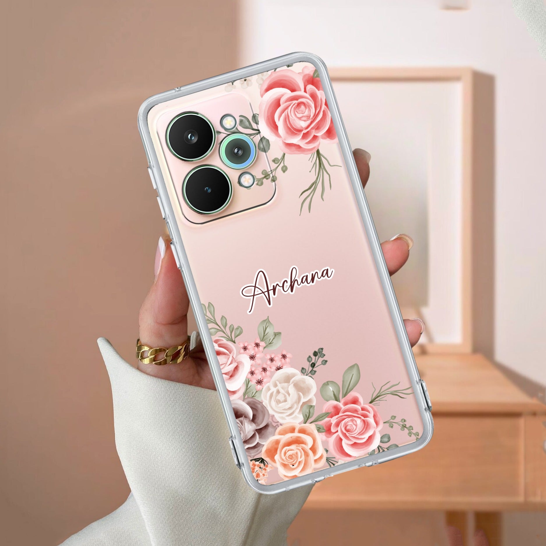 Pink Floral Transparent Silicon Case For Realme 15 5G
