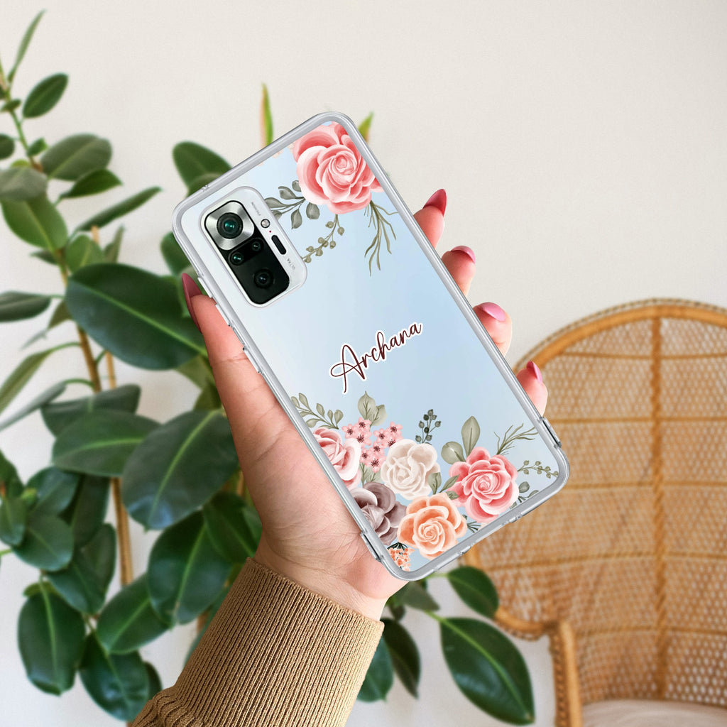 Pink Floral Transparent Silicon Case For Redmi Note 10 Pro / Redmi Note 10 Pro Max