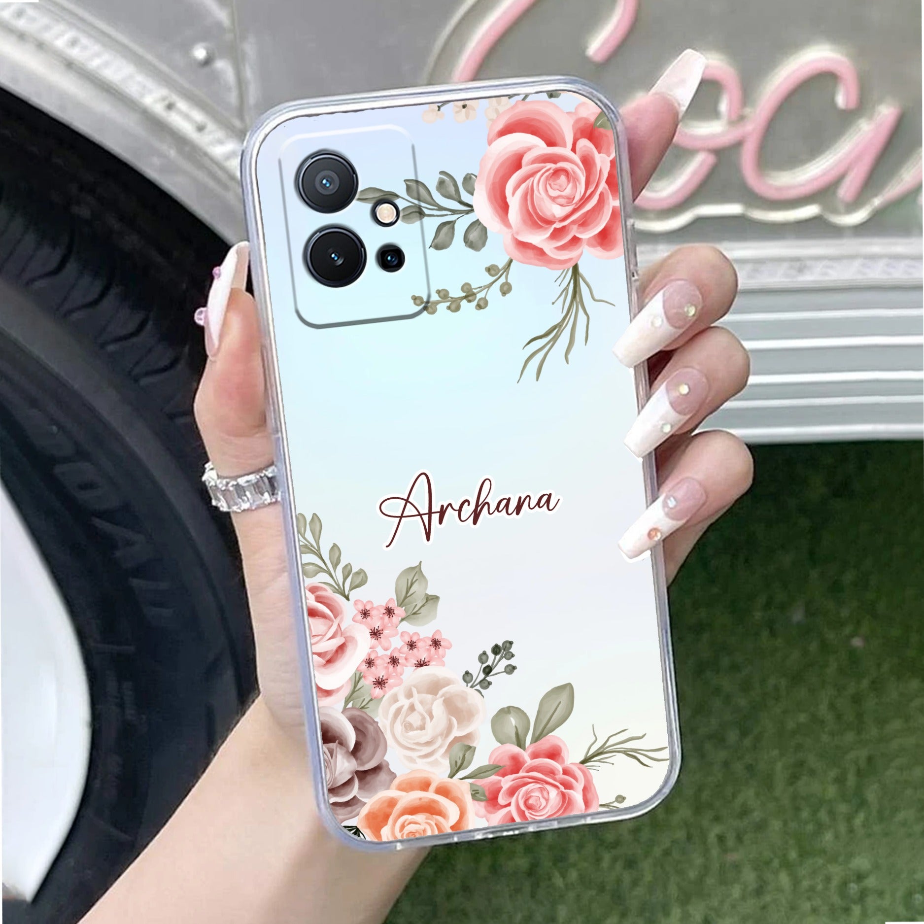 Pink Floral Transparent Silicon Case For Vivo