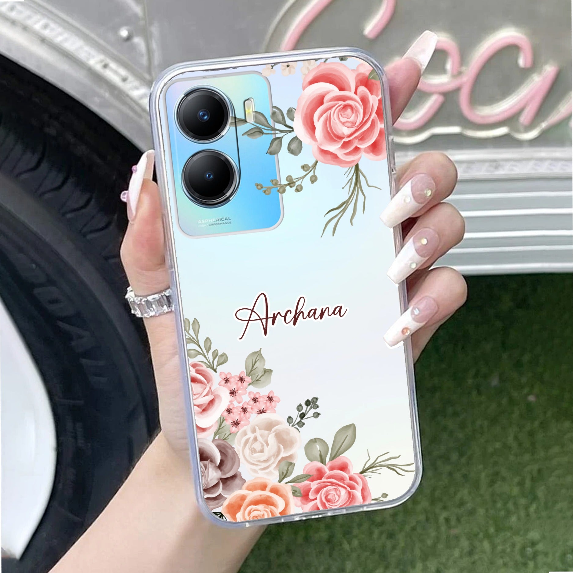 Pink Floral Transparent Silicon Case For Vivo
