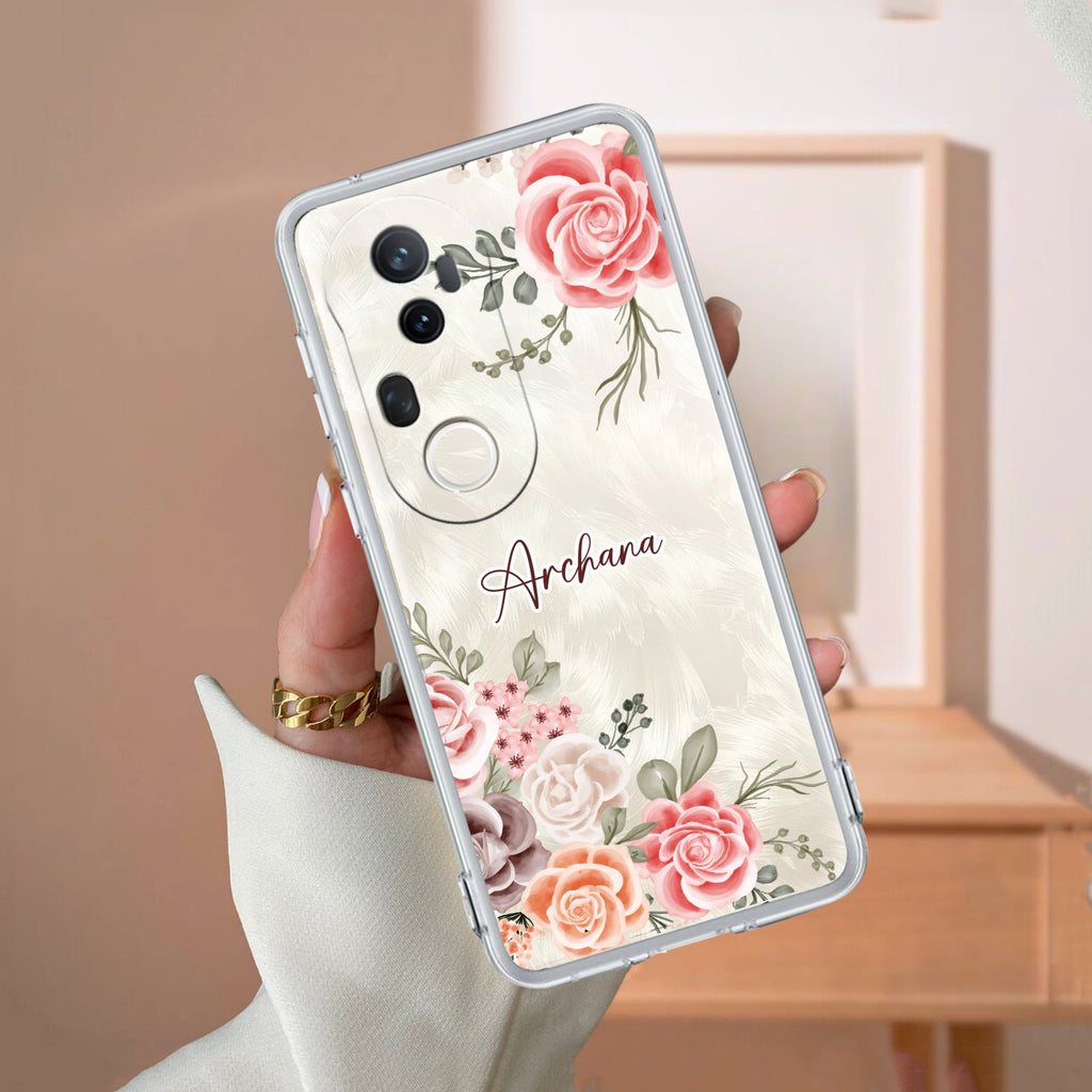 Pink Floral Transparent Silicon Case For Vivo T4 Ultra 5G