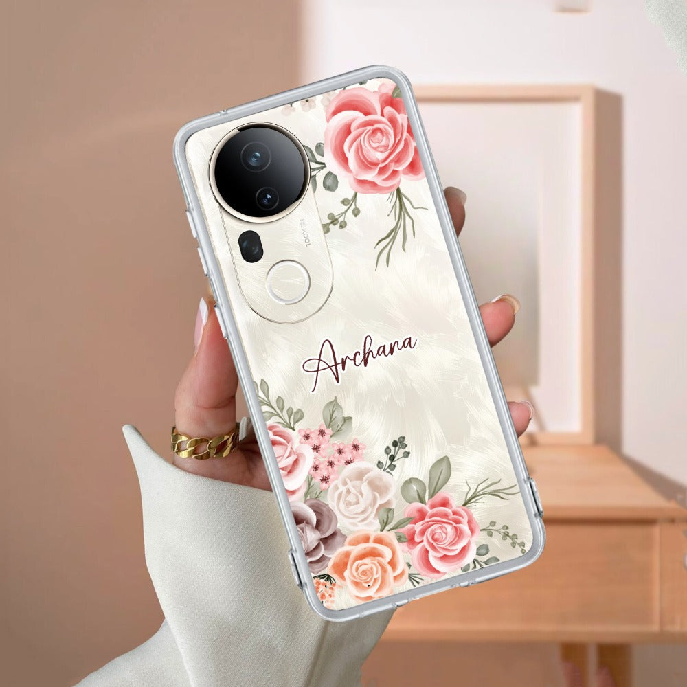 Pink Floral Transparent Silicon Case For Vivo