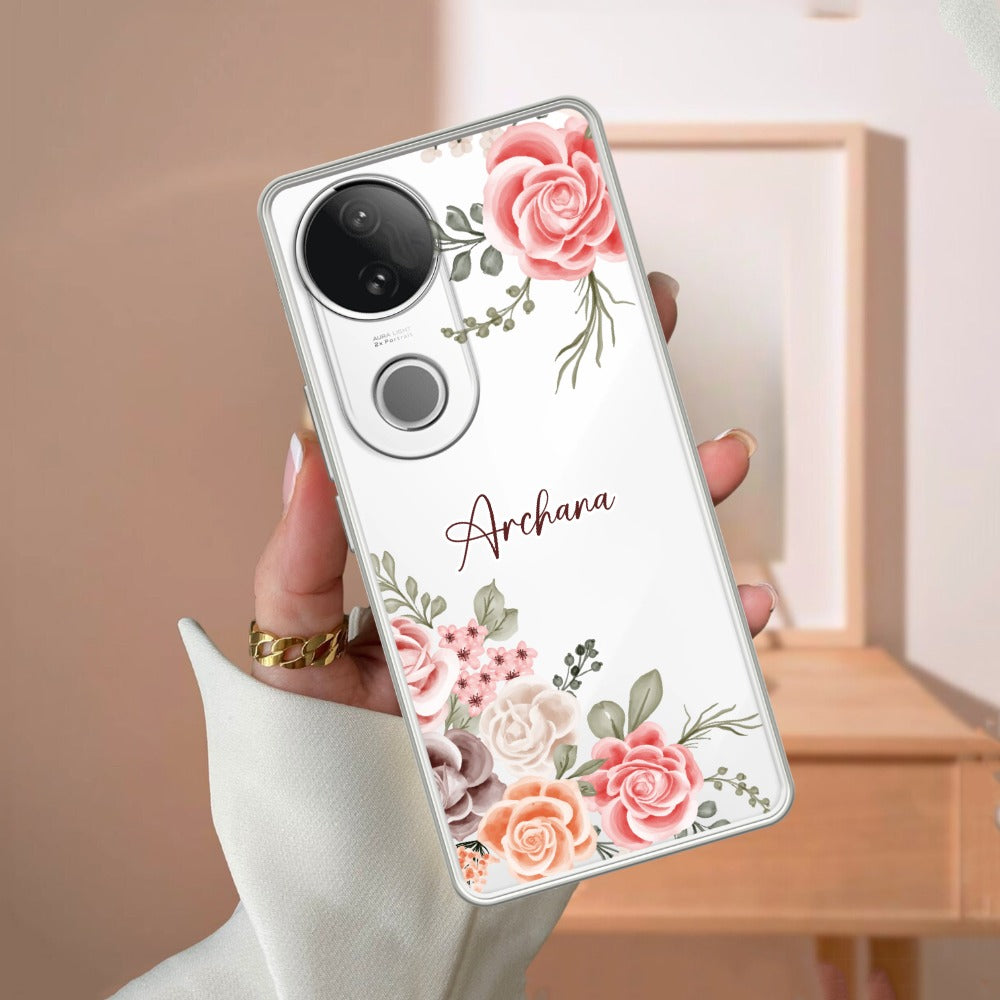 Pink Floral Transparent Silicon Case For Vivo