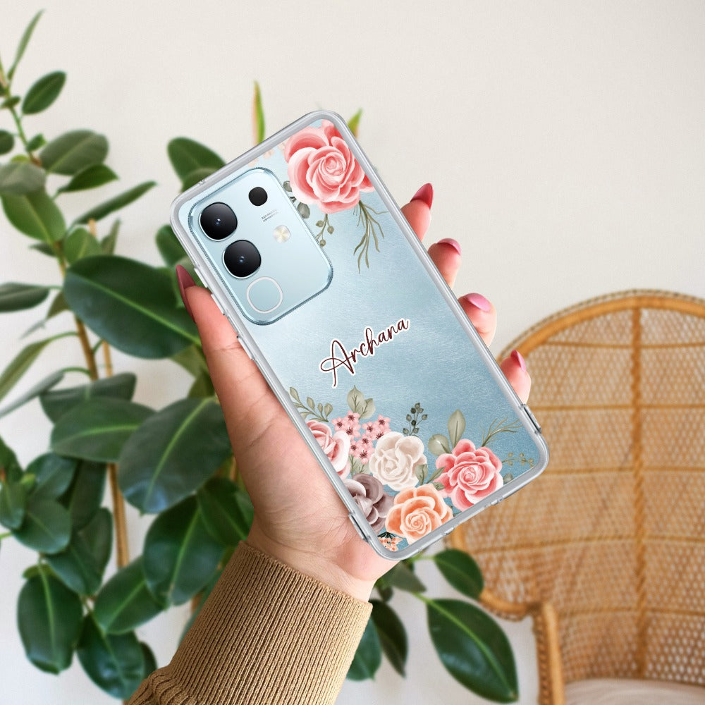 Pink Floral Transparent Silicon Case For Vivo