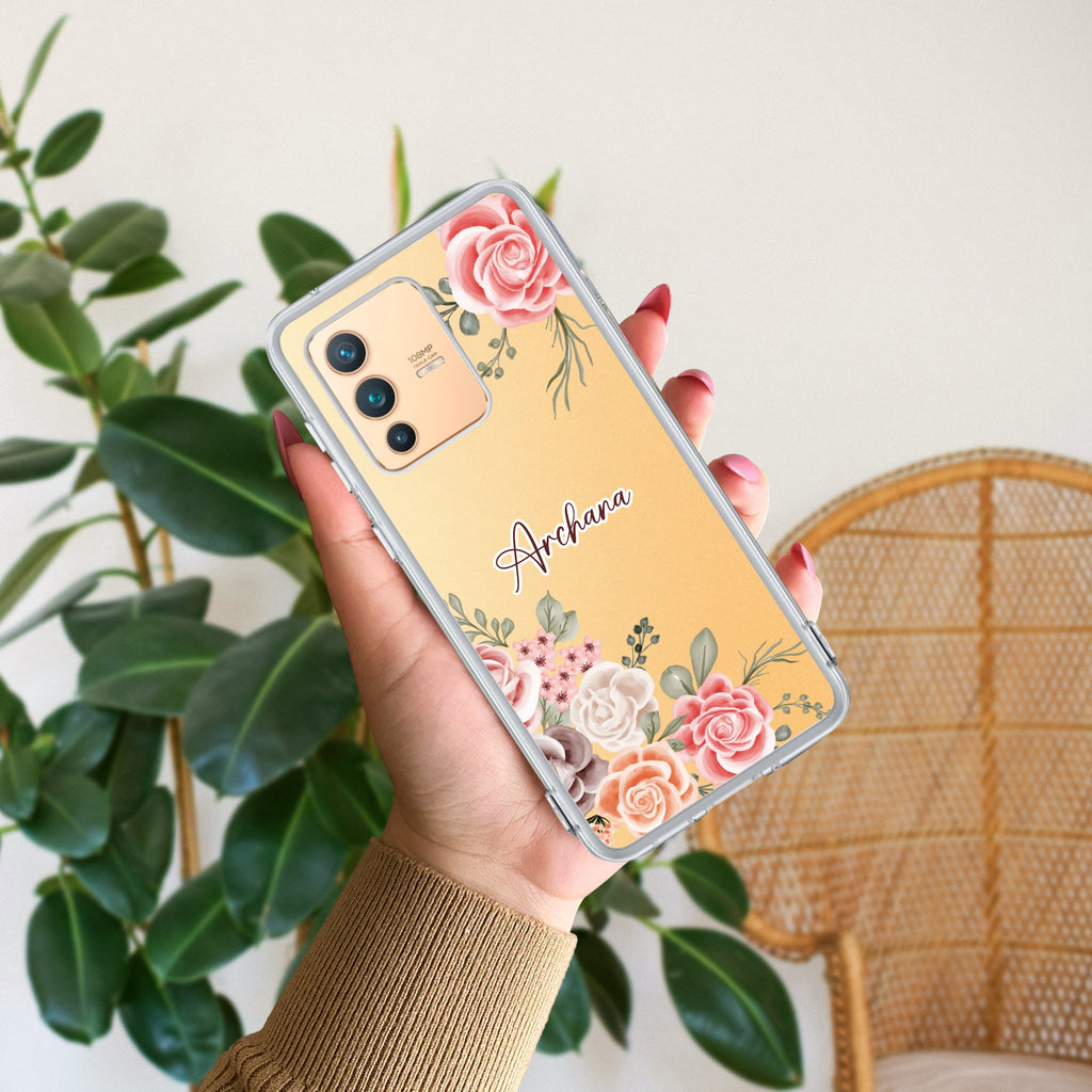 Pink Floral Transparent Silicon Case For Vivo V23 5G
