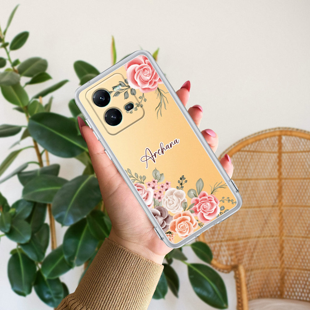 Pink Floral Transparent Silicon Case For Vivo V25