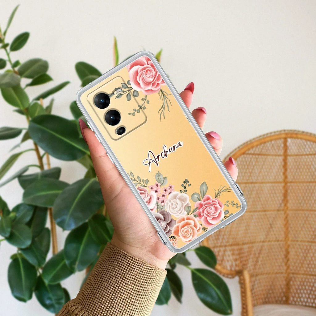 Pink Floral Transparent Silicon Case For Vivo V25 Pro 5G