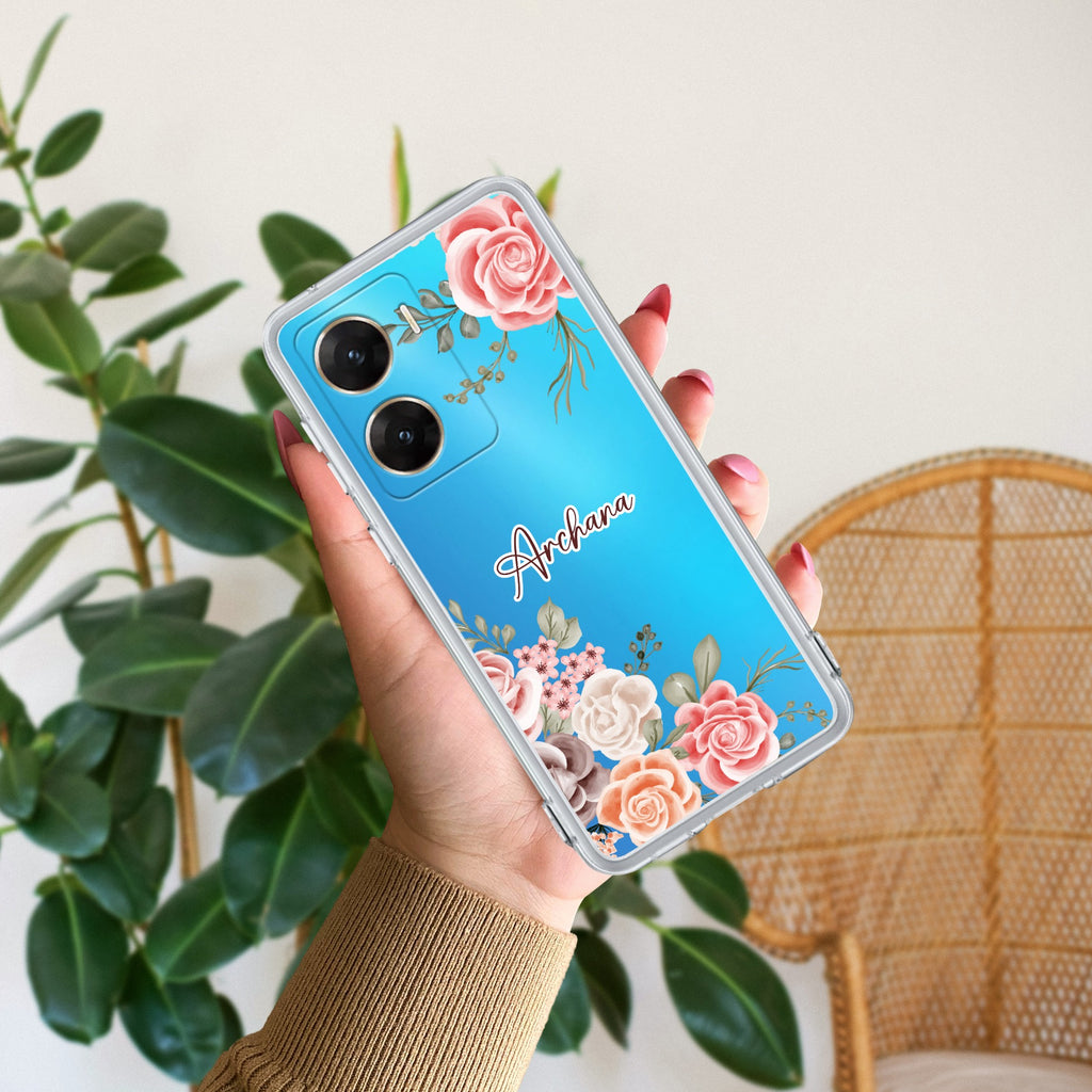 Pink Floral Transparent Silicon Case For Vivo V29E 5G
