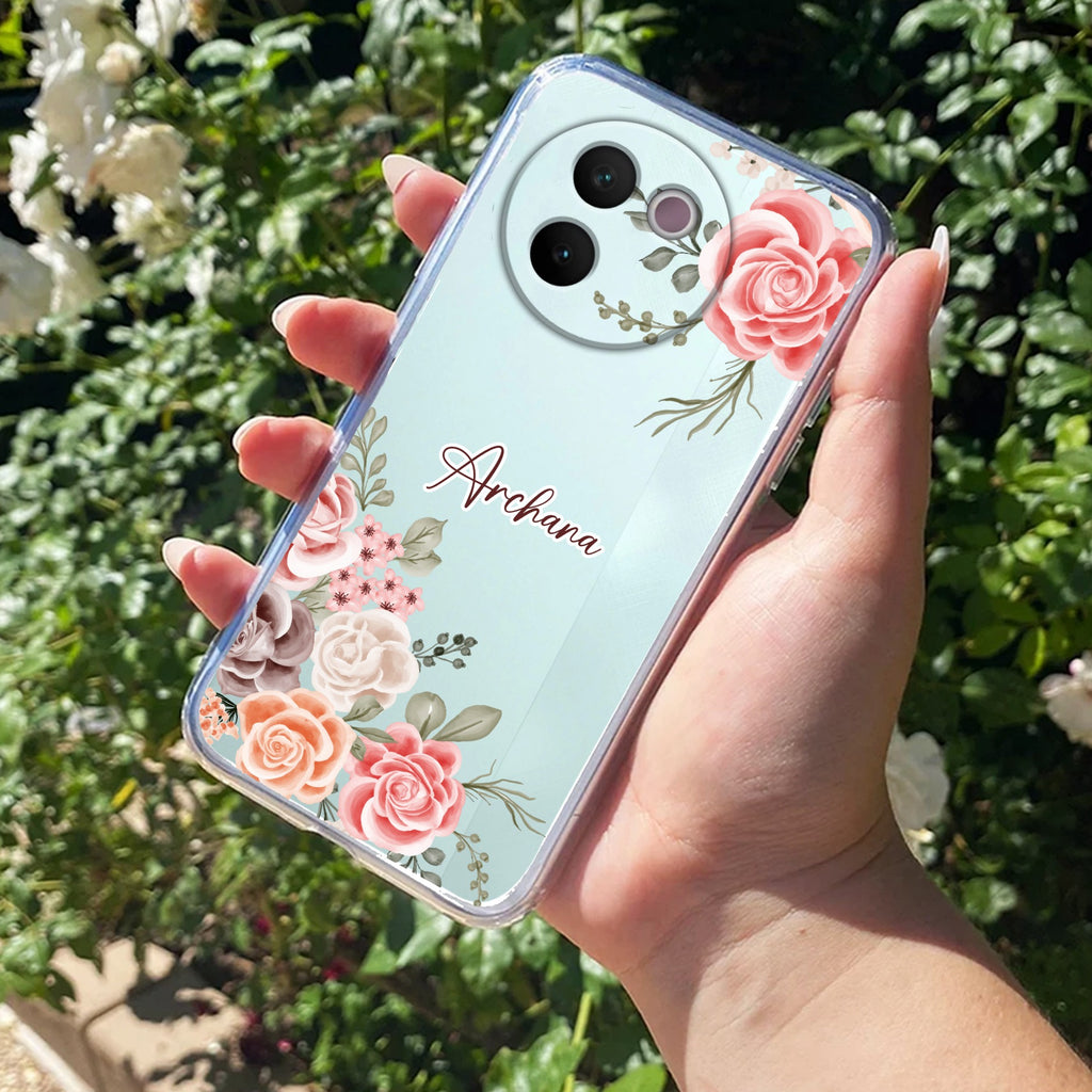 Pink Floral Transparent Silicon Case For Vivo V30e 5G