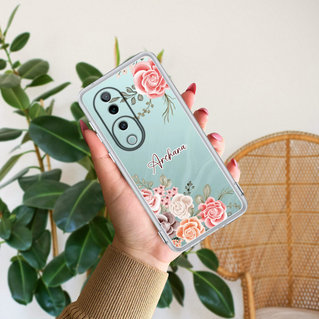 Pink Floral Transparent Silicon Case For Vivo V40 5G