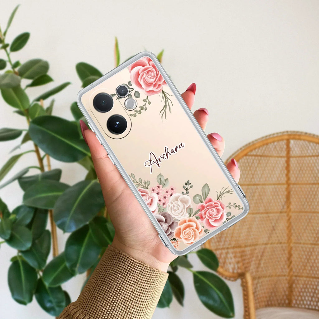 Pink Floral Transparent Silicon Case For Vivo V40 5G