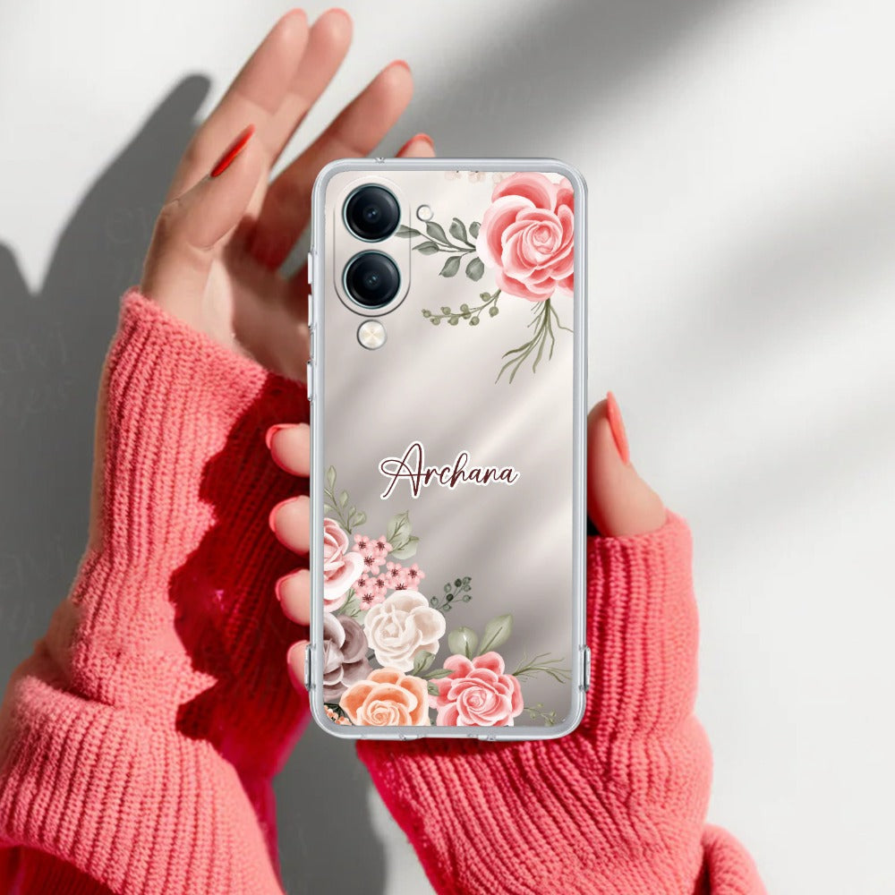 Pink Floral Transparent Silicon Case For Vivo