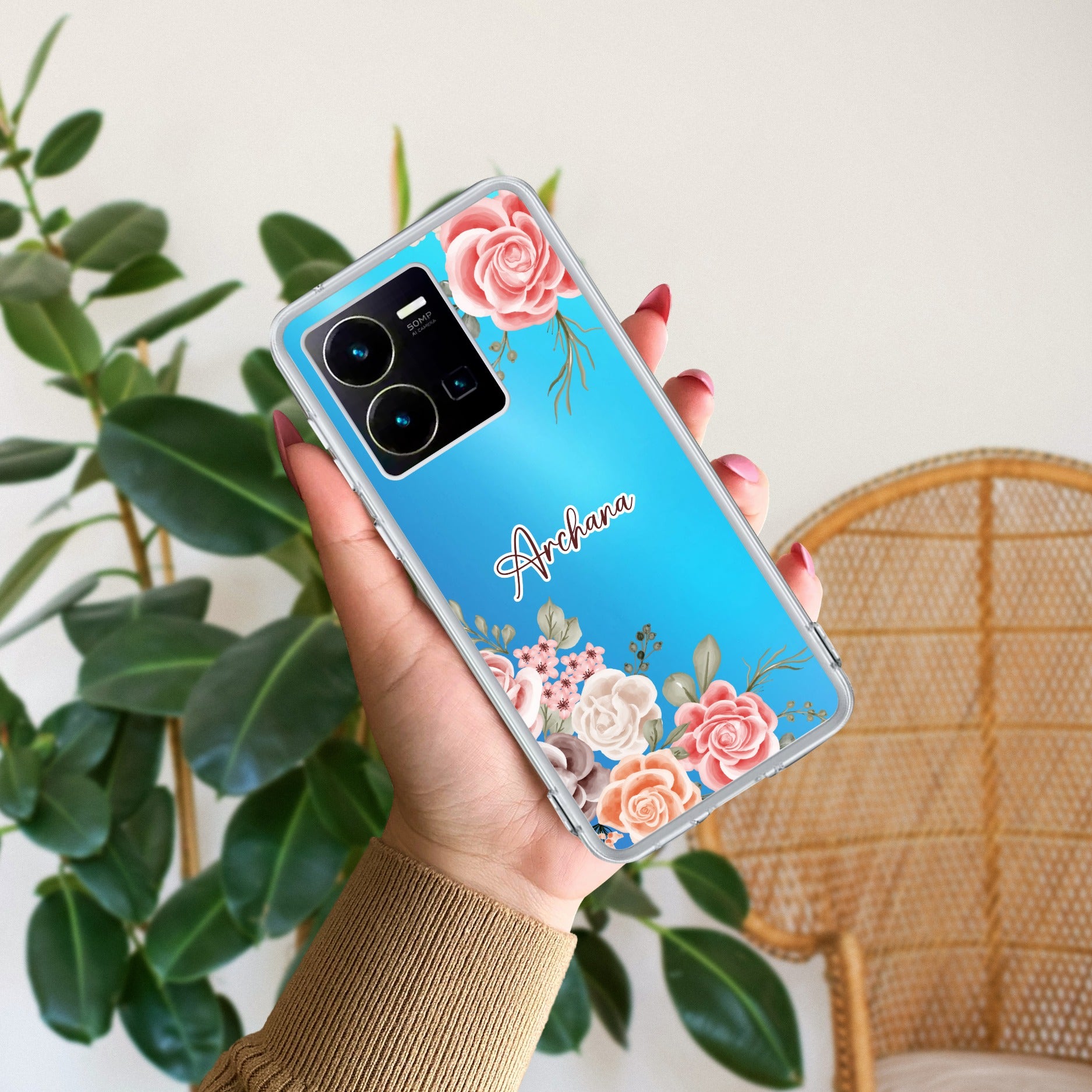 Pink Floral Transparent Silicon Case For Vivo Y35