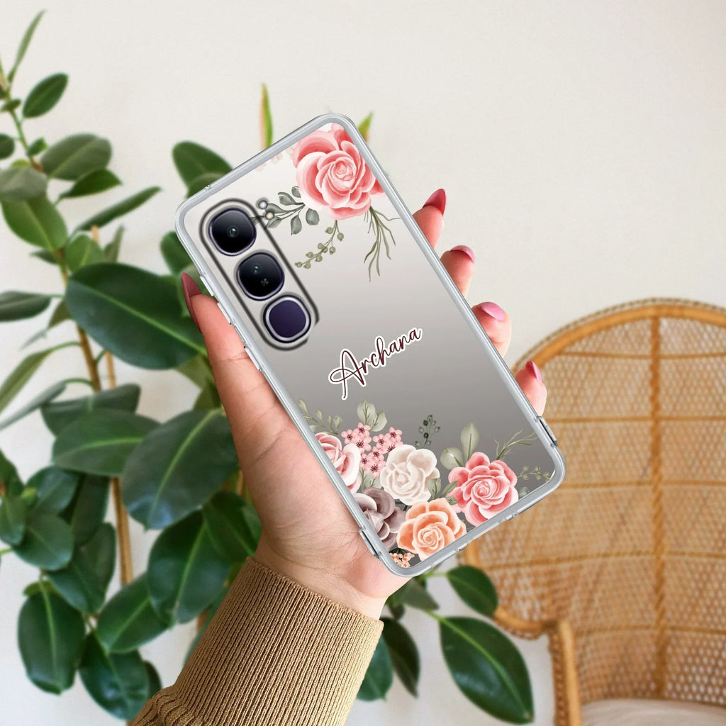 Pink Floral Transparent Silicon Case For Vivo V40e 5G