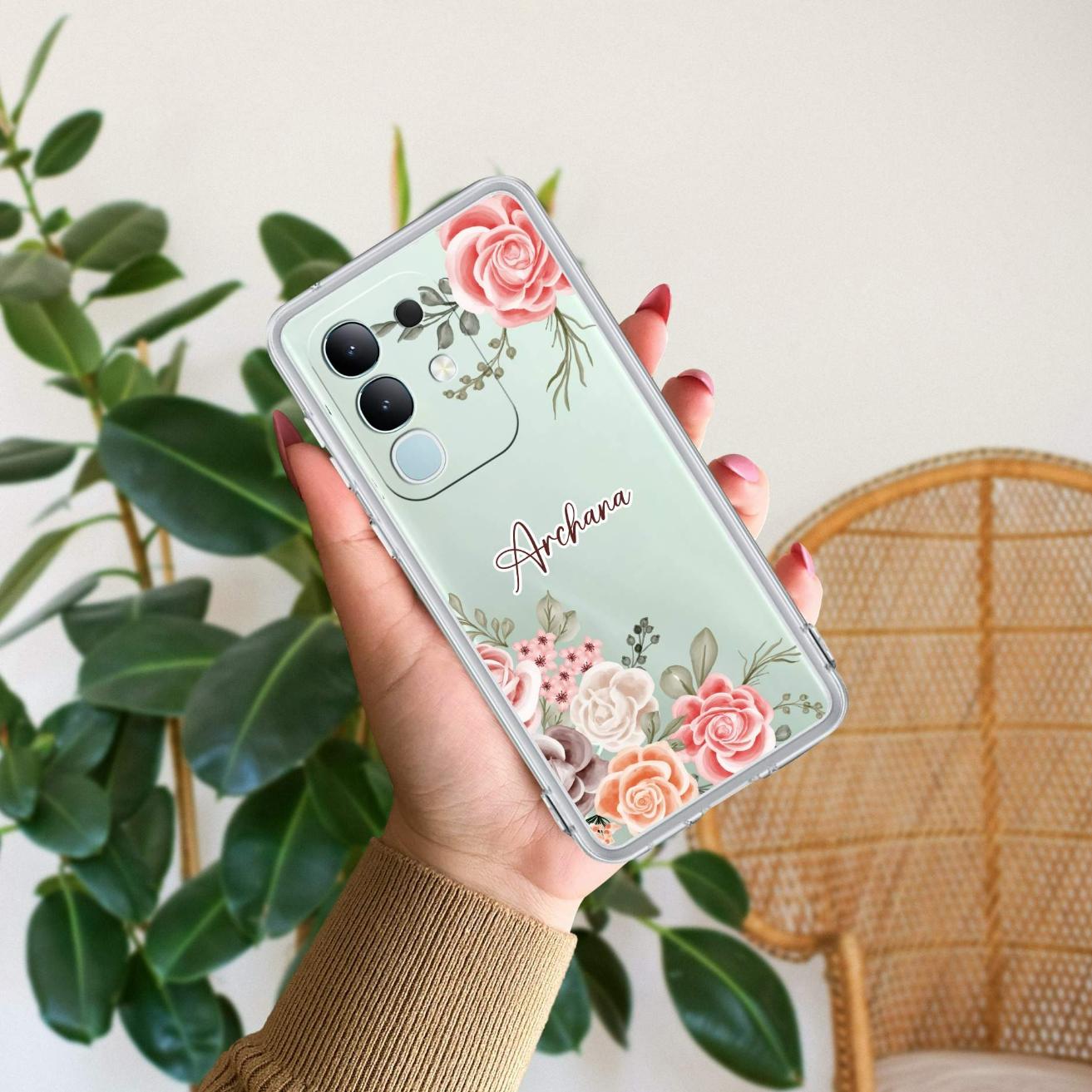 Pink Floral Transparent Silicon Case For Vivo