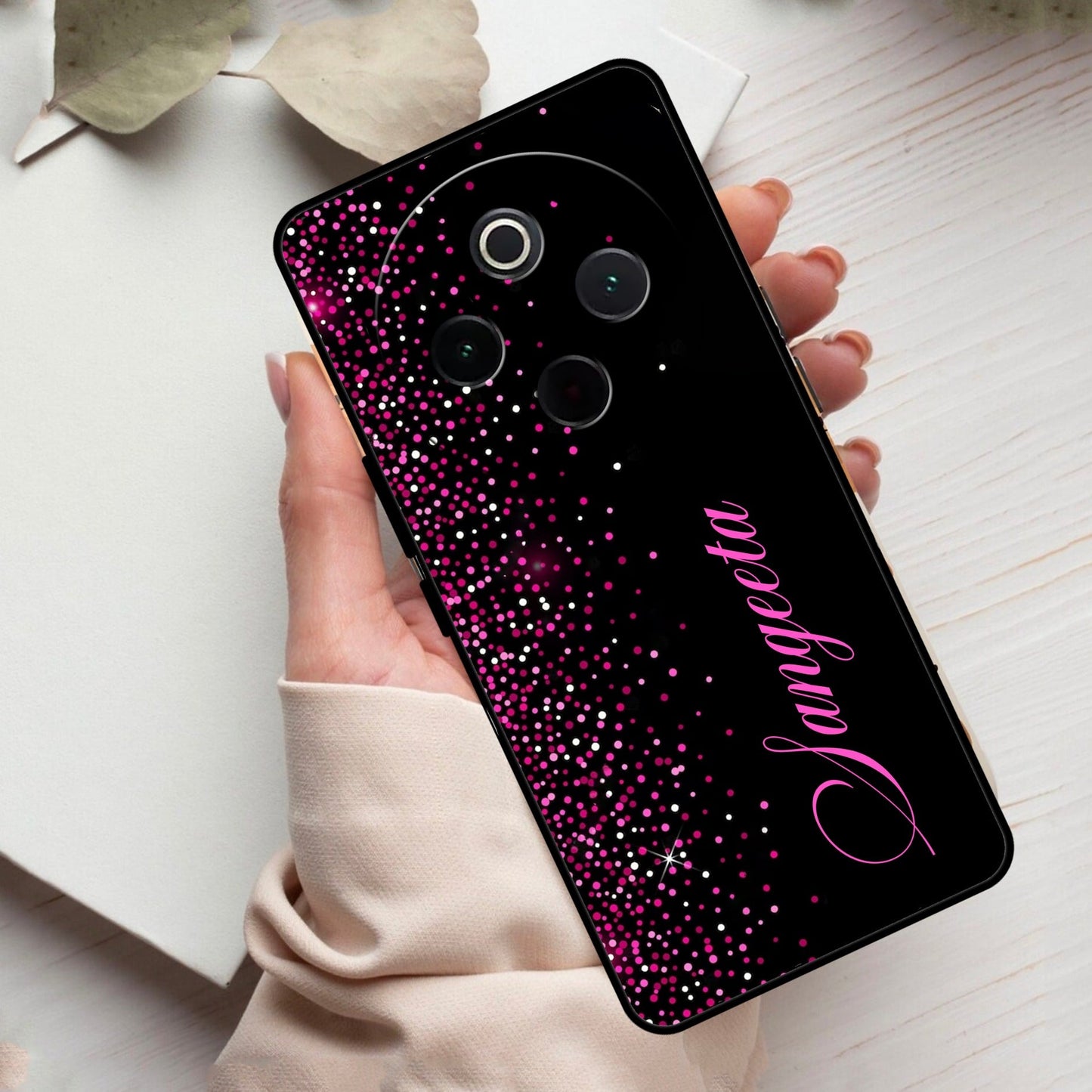 Pink Glitter Customize Glass Case Cover For Vivo