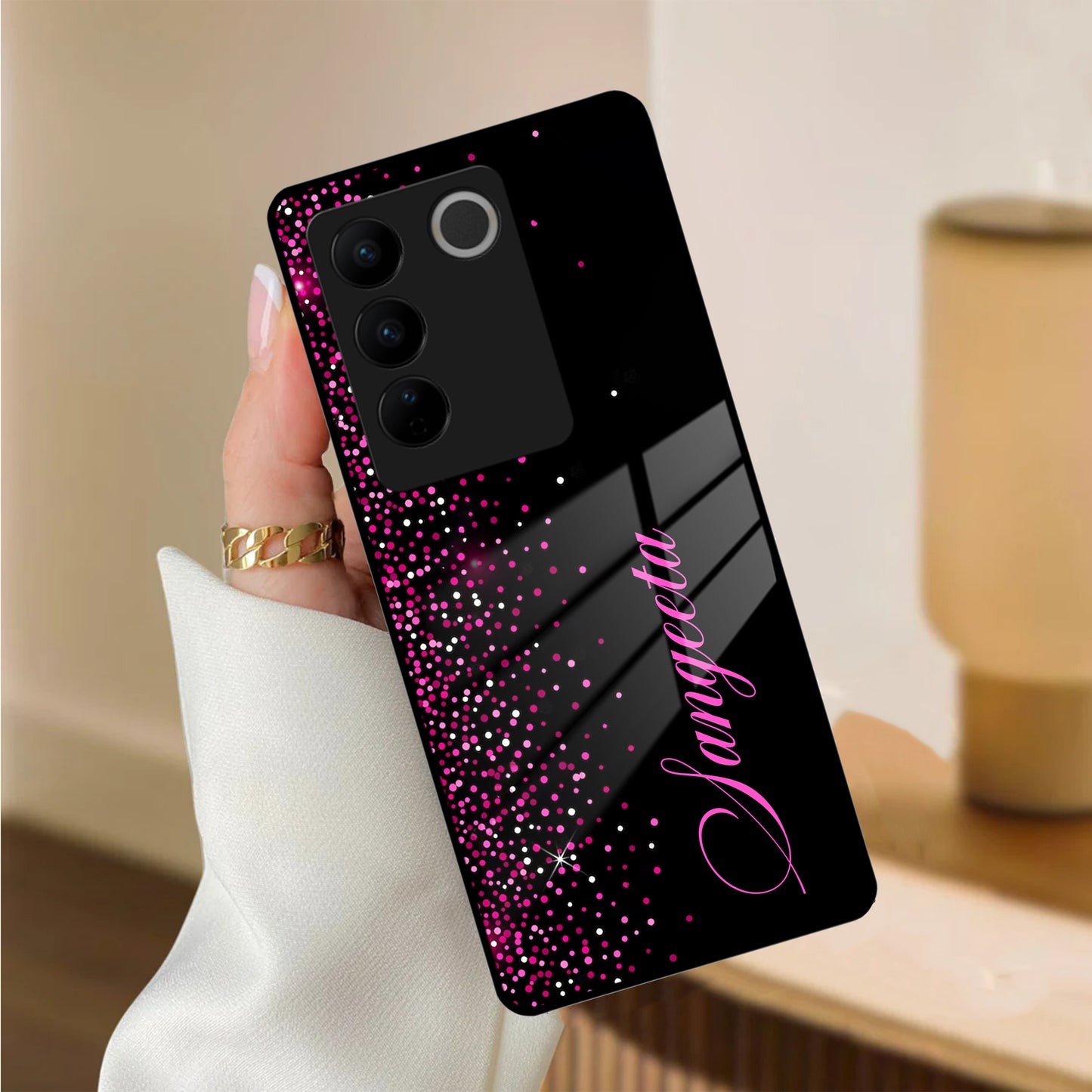 Pink Glitter Customize Glass Case Cover For Vivo