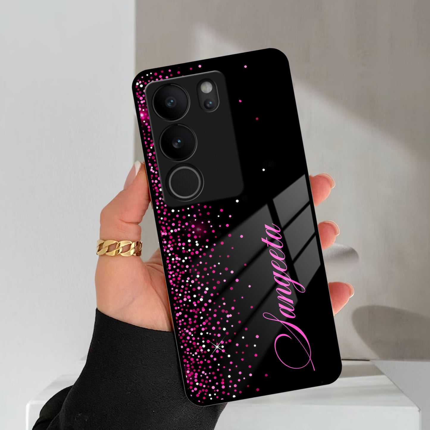 Pink Glitter Customize Glass Case Cover For Vivo