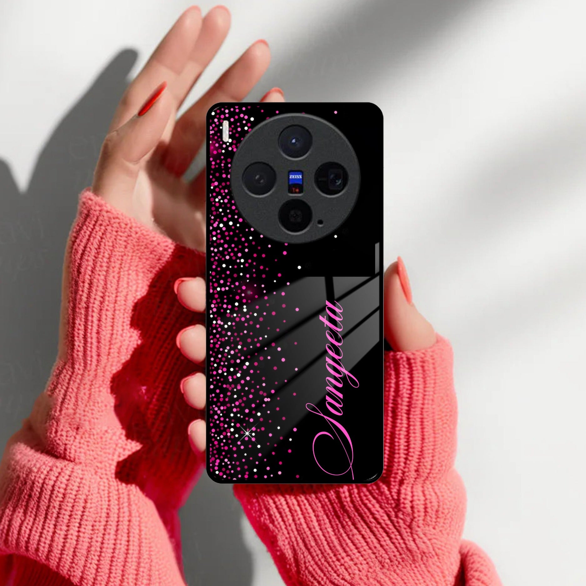 Pink Glitter Customize Glass Case Cover For Vivo