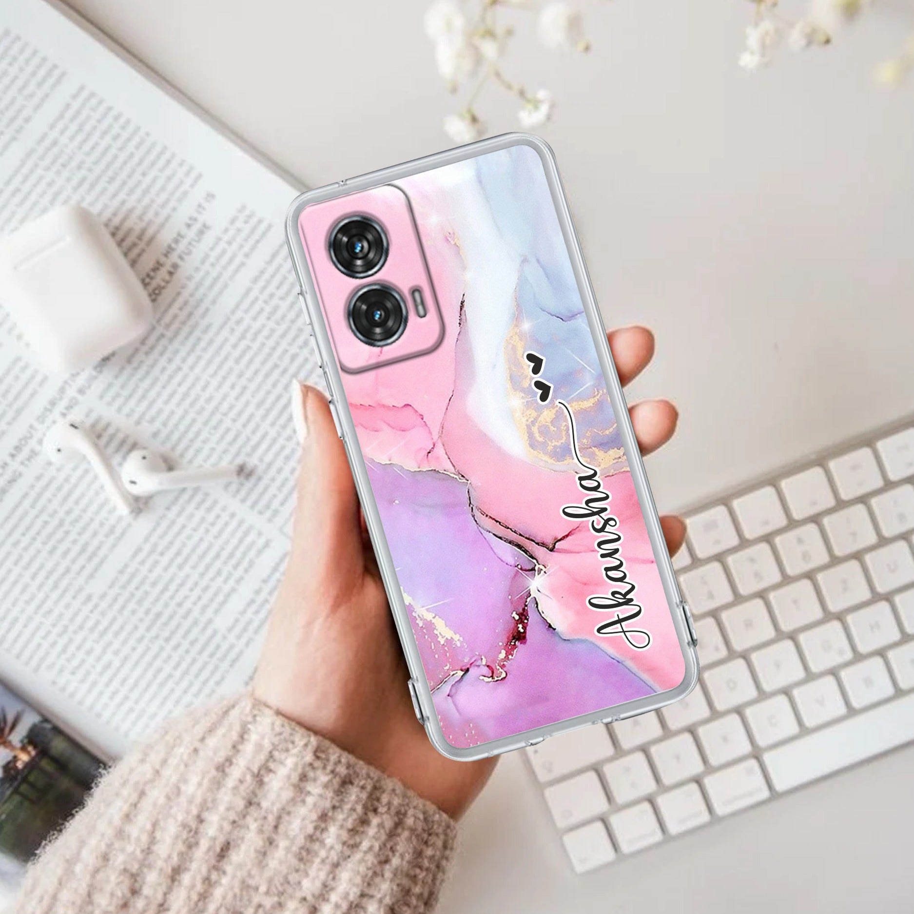 Pink Gradient Marble Customize Anti Yellow Case For Motorola G96 5G