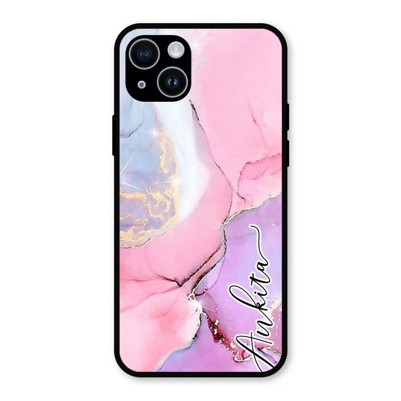 Pink Marble Glossy Metal Case Cover For iPhone 14