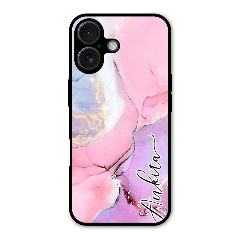 Pink Marble Glossy Metal Case Cover For iPhone 16 Plus
