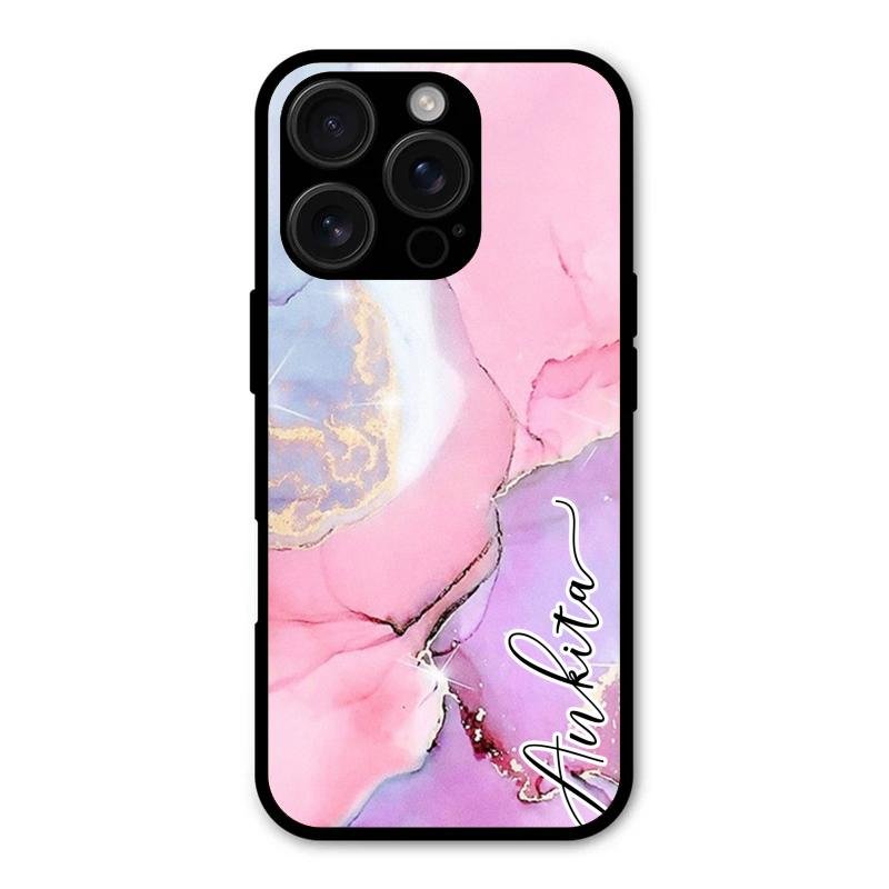 Pink Marble Glossy Metal Case Cover For iPhone 16 Pro