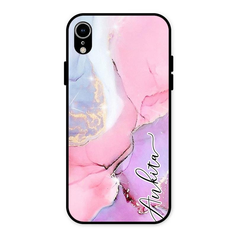 Pink Marble Glossy Metal Case Cover For iPhone XR