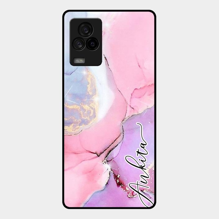 Pink Marble Glossy Metal Case Cover For Iqoo 7 Legend 5G