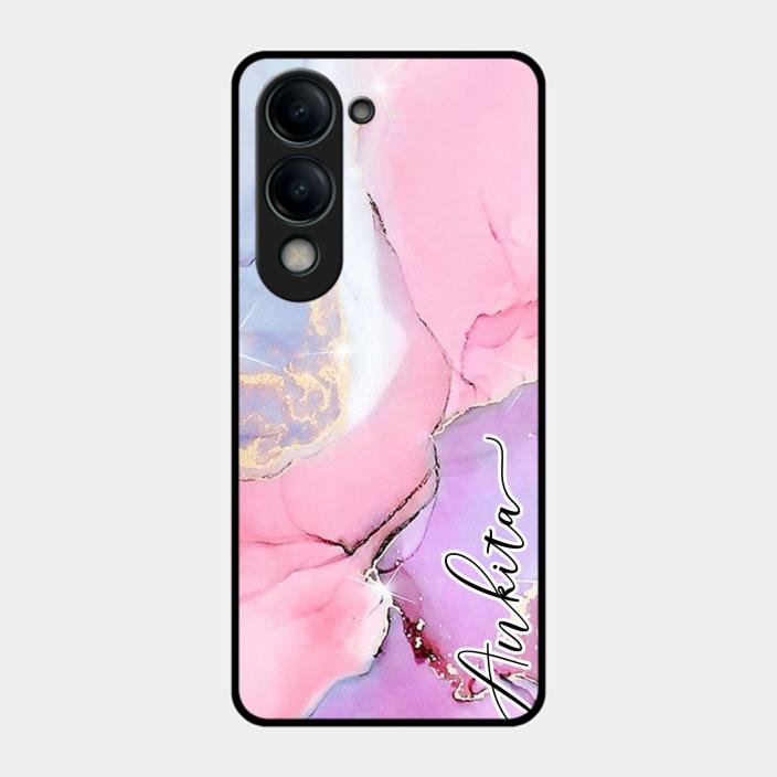 Pink Marble Glossy Metal Case Cover For Iqoo Z10 Lite