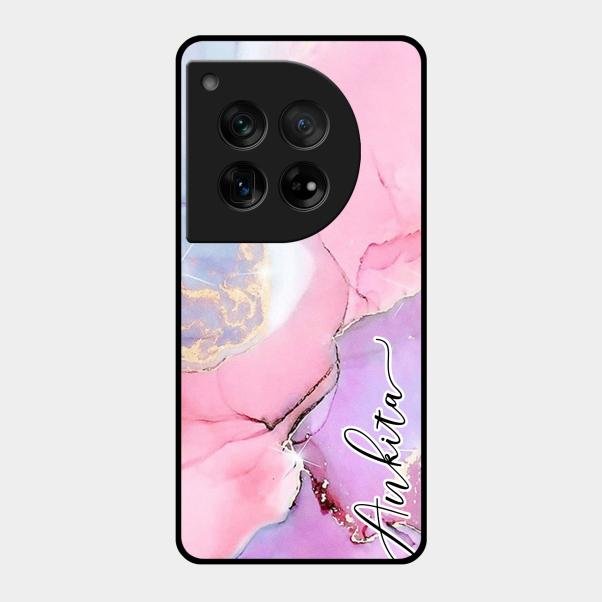 Pink Marble Glossy Metal Case Cover For Oneplus 12 5G