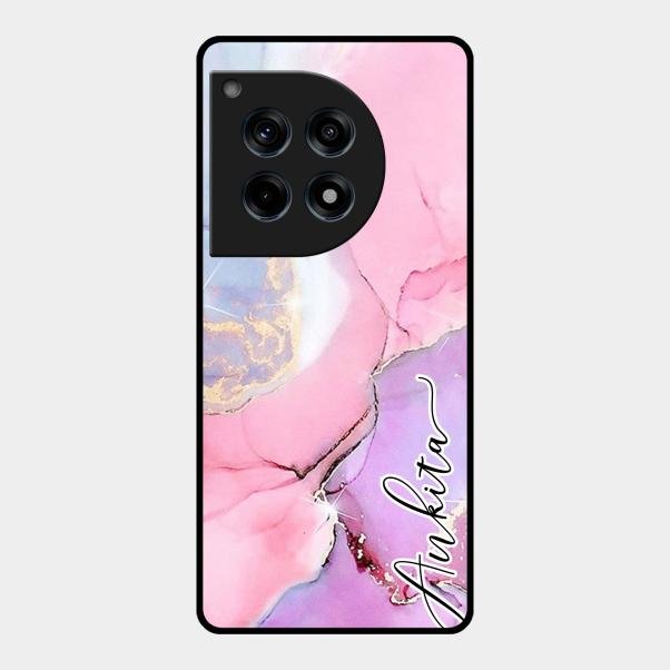 Pink Marble Glossy Metal Case Cover For Oneplus 12R 5G
