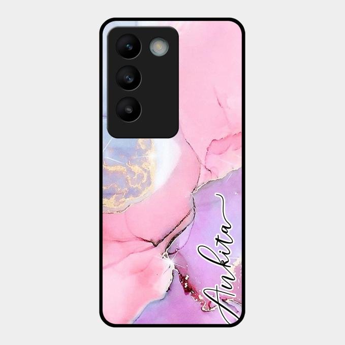 Pink Marble Glossy Metal Case Cover For Vivo T3 5G