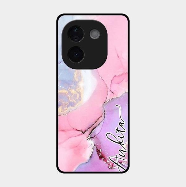 Pink Marble Glossy Metal Case Cover For Vivo T3 Pro 5G