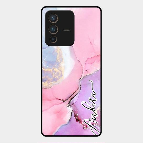 Pink Marble Glossy Metal Case Cover For Vivo V23 Pro 5G