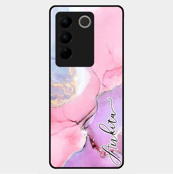 Pink Marble Glossy Metal Case Cover For Vivo V27 5G