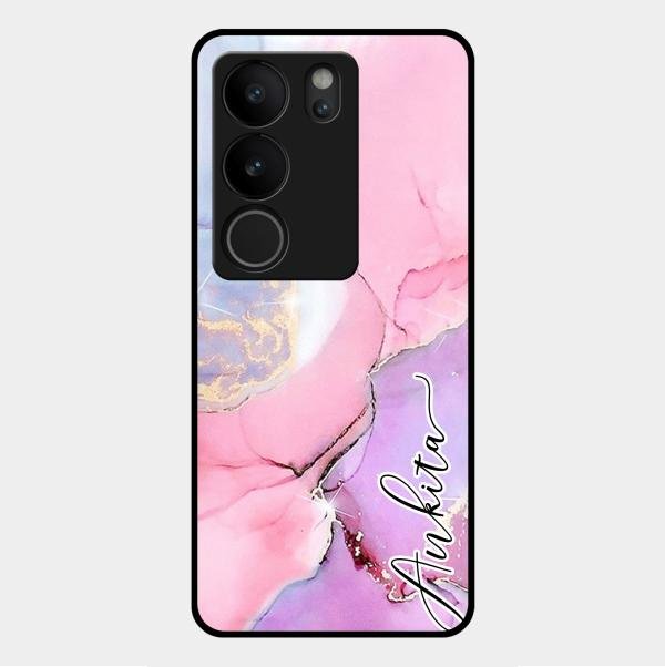 Pink Marble Glossy Metal Case Cover For Vivo V29 5G