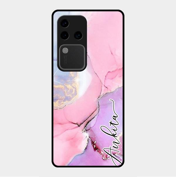 Pink Marble Glossy Metal Case Cover For Vivo V30 Pro 5G
