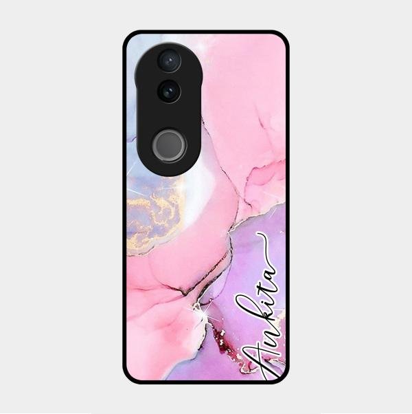 Pink Marble Glossy Metal Case Cover For Vivo V50E 5G