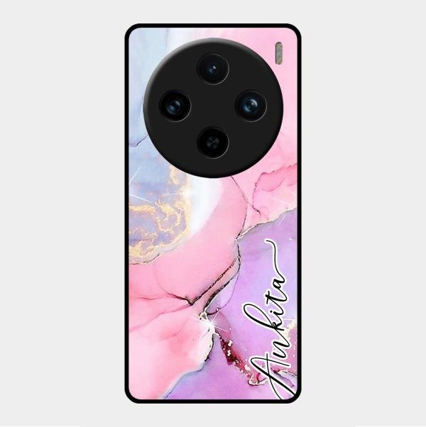 Pink Marble Glossy Metal Case Cover For Vivo X100 Pro 5G