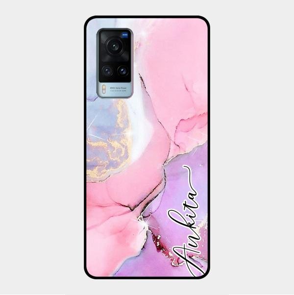 Pink Marble Glossy Metal Case Cover For Vivo X60 5G
