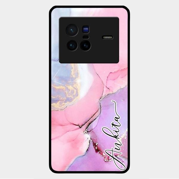 Pink Marble Glossy Metal Case Cover For Vivo X80 5G