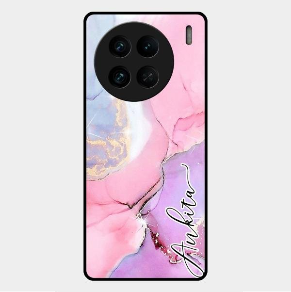 Pink Marble Glossy Metal Case Cover For Vivo X90 Pro 5G
