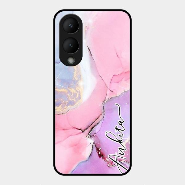 Pink Marble Glossy Metal Case Cover For Vivo Y17S