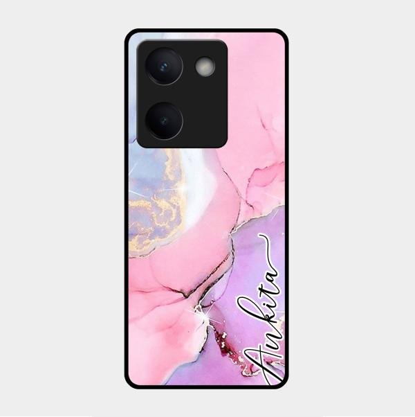 Pink Marble Glossy Metal Case Cover For Vivo Y300 Plus 5G