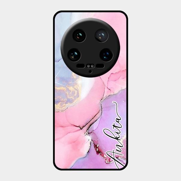 Pink Marble Glossy Metal Case Cover For Xiaomi 14 Ultra