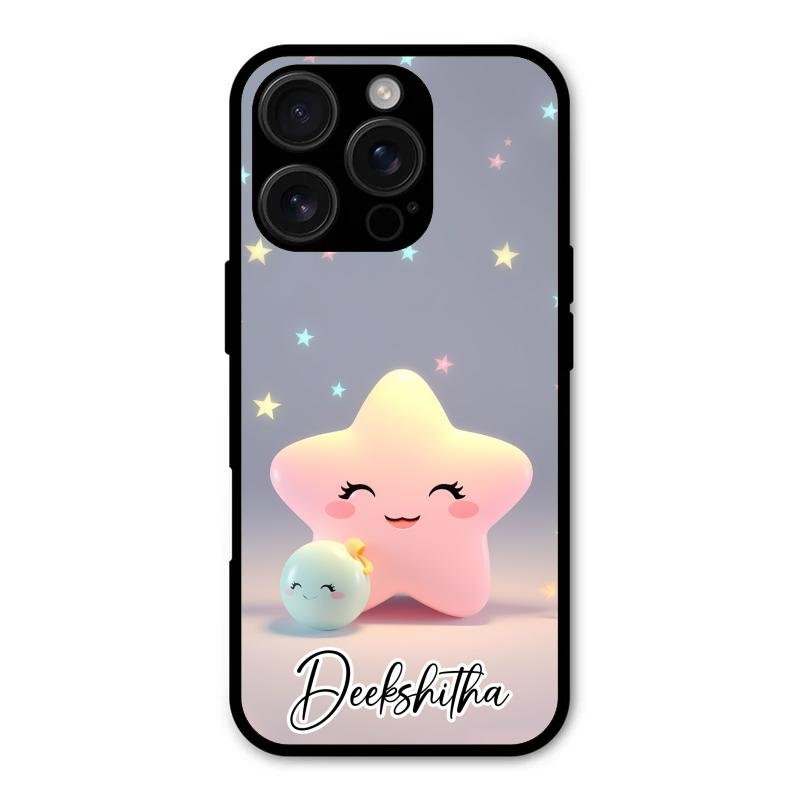 Pink Star Glossy Metal Case Cover For iPhone 16 Pro