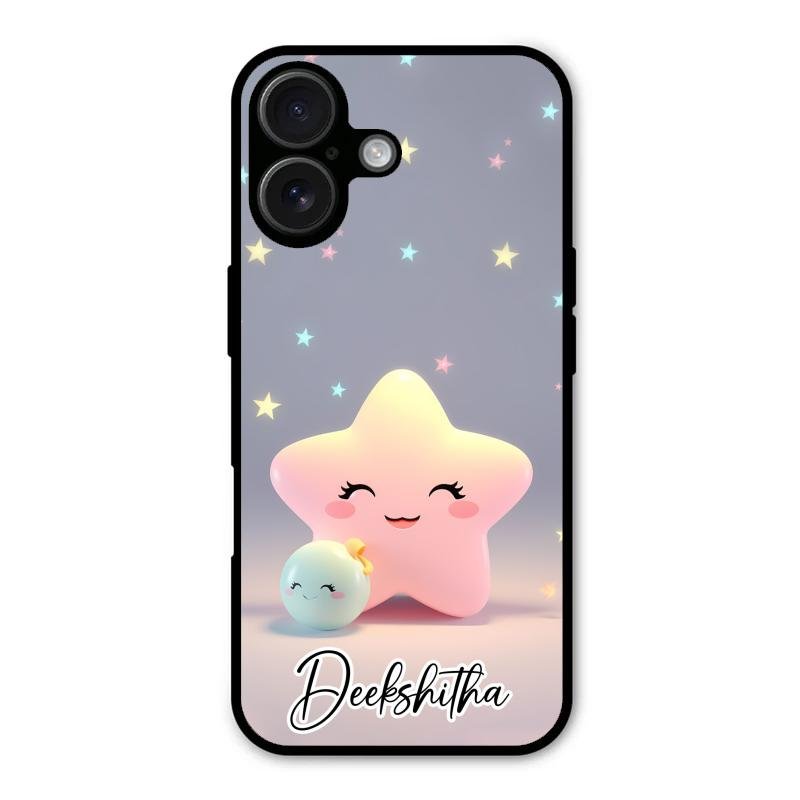 Pink Star Glossy Metal Case Cover For iPhone 16