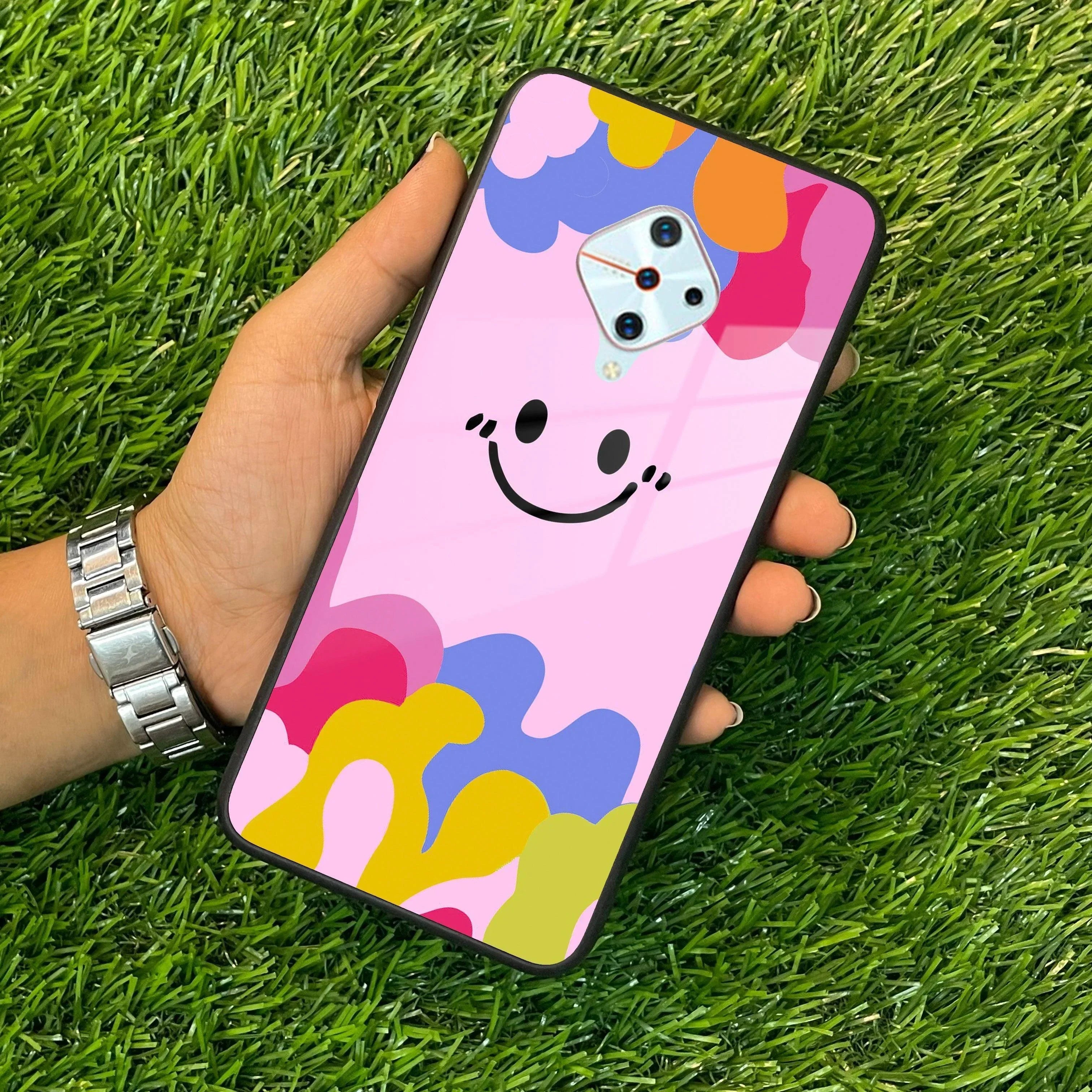 Cute Pink Smiley Multicolor Glass Case For Vivo - ShopOnCliQ